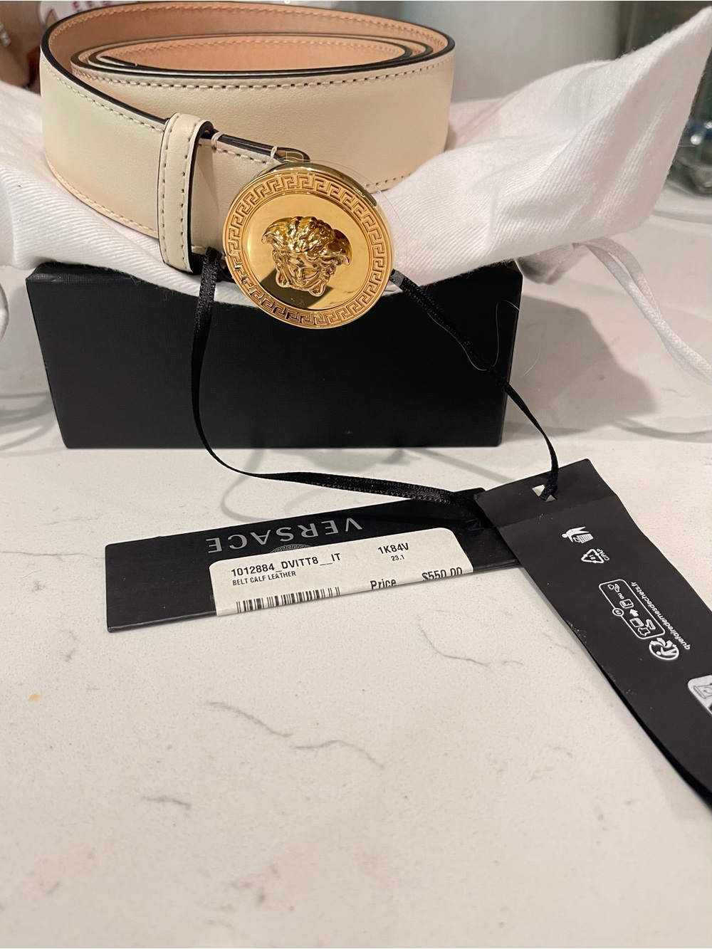 Versace NWT Cream Leather Belt with Gold Medusa Coin Buckle
